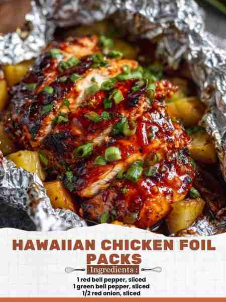 Hawaiian Chicken Foil Packs Ingredients: 1 red bell pepper, sliced 1 green bell pepper, sliced ½ red...