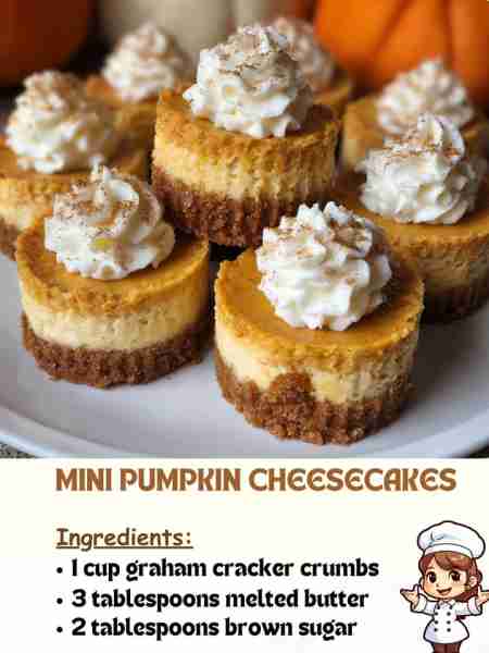 Mini Pumpkin Cheesecakes Ingredients 1 cup graham cracker crumbs 3 tablespoons melted butter 2 tabl...