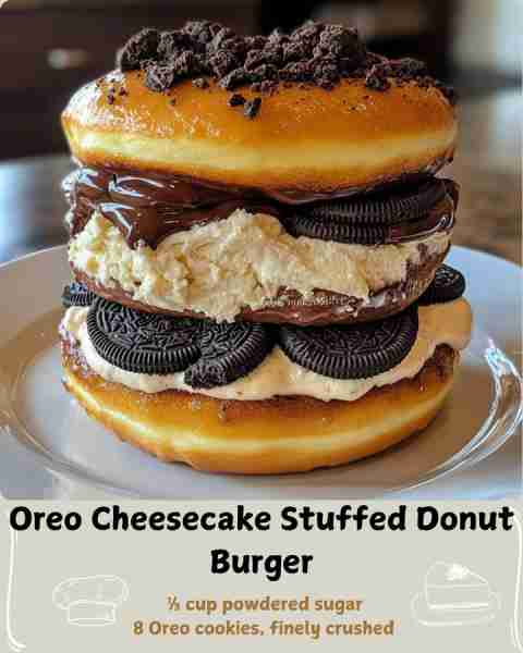 🍔 Oreo Cheesecake Stuffed Donut Burger 🍩 Ingredients For the Oreo Cheesecake Filling: 1 cup full-f...