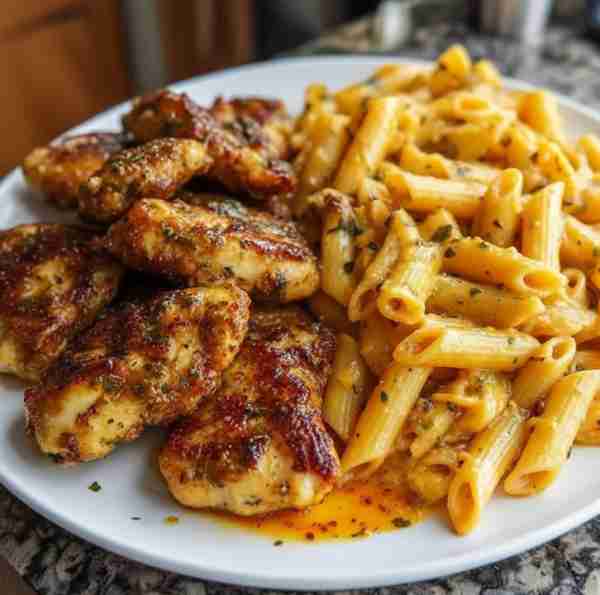 🍗🔥 Garlic Herb Chicken with Creamy Cheesy Penne Pasta 🧀🍝 Recipe Ingredients: 500g boneless chick...