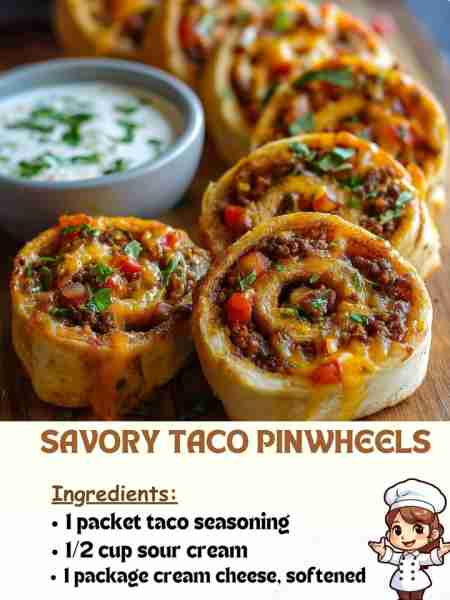 Savory Taco Pinwheels Ingredients 1 packet taco seasoning ½ cup sour cream 1 (8 oz) package cream ch...