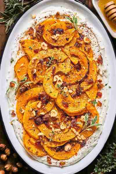 🍯 Roasted Sliced Butternut Squash with Dates and Hazelnuts layered over Honey Labneh (or full-fat G...