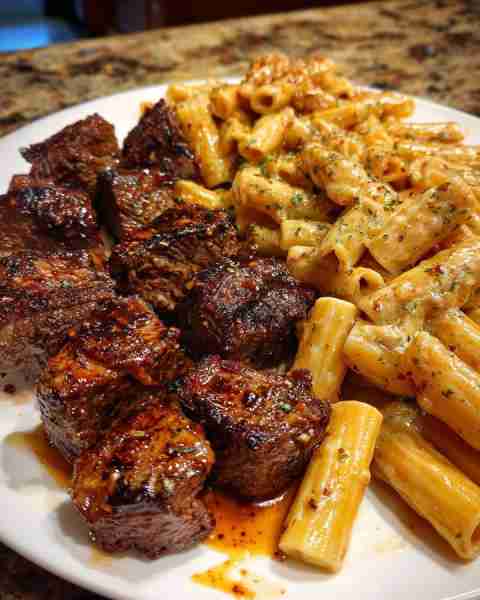 Steak Tips with Penne in Creamy Provolone Sauce Ingredients: 1 ½ lbs sirloin or ribeye steak tips, c...