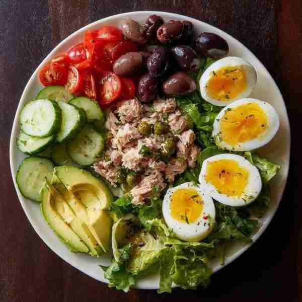 Tuna Niçoise-Inspired Salad 🥗🐟🥚 Ingredients: 1 can tuna (drained) 2 soft-boiled eggs (halved) 1 c...