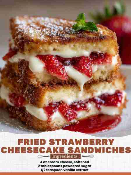 Fried Strawberry Cheesecake Sandwiches Ingredients: 4 oz cream cheese, softened 2 tablespoons powder...