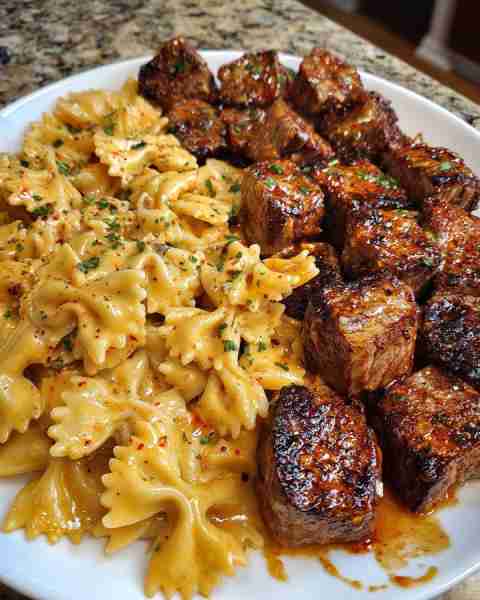 Garlic Butter Steak Bites with Cheesy Bowtie Pasta in Cheddar Sauce Ingredients: 1 ½ lbs sirloin or...