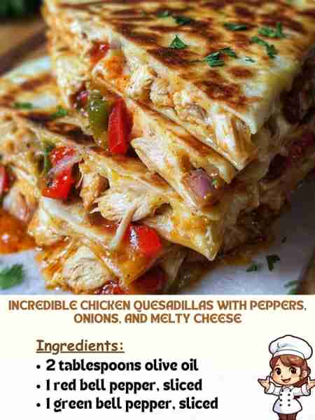 Incredible Chicken Quesadillas with Peppers, Onions, and Melty Cheese Ingredients 2 tablespoons oliv...