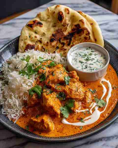 Creamy Butter Chicken with Rice, Naan & Raita 🌿 Prep Time: 25 minutes (plus marinating) Cook Time:...