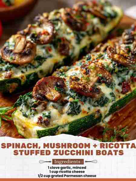 Spinach, Mushroom + Ricotta Stuffed Zucchini Boats Ingredients: 1 clove garlic, minced 1 cup ricotta...