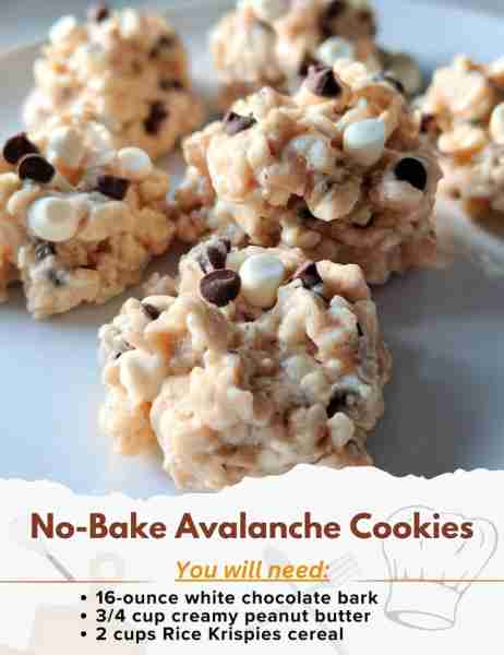 No-Bake Avalanche Cookies Ingredients: - 16-ounce white chocolate bark - 3/4 cup creamy peanut butte...