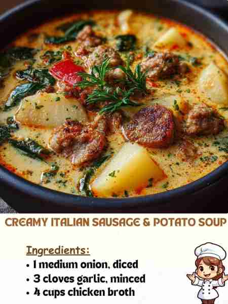 Creamy Italian Sausage & Potato Soup Ingredients 1 medium onion, diced 3 cloves garlic, minced 4 cup...
