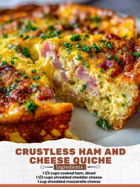 Crustless Ham and Cheese Quiche Ingredients: 1 ½ cups cooked ham, diced 1 ½ cups shredded cheddar ch...
