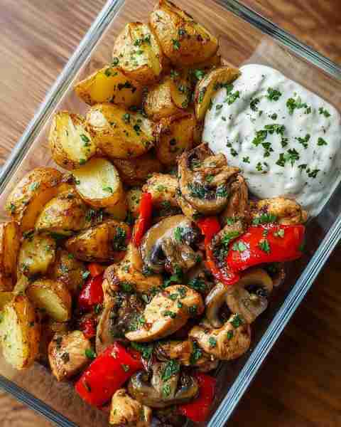 🥔 Ultimate Roasted Potato & Chicken Veggie Bowl with Herbed Yogurt Dip 🌿 Prep Time: 15 minutes Coo...