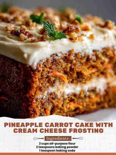 Pineapple Carrot Cake with Cream Cheese Frosting Ingredients: 2 cups all-purpose flour 2 teaspoons b...