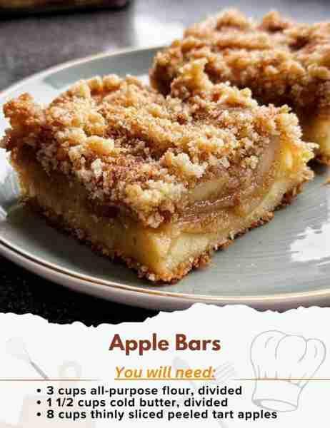 Apple Bars Ingredients: - 3 cups all-purpose flour, divided - 1/4 teaspoon salt - 1 1/2 cups cold bu...