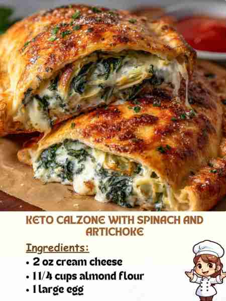 Keto Calzone with Spinach and Artichoke Ingredients 2 oz cream cheese 1 ¼ cups almond flour 1 large...