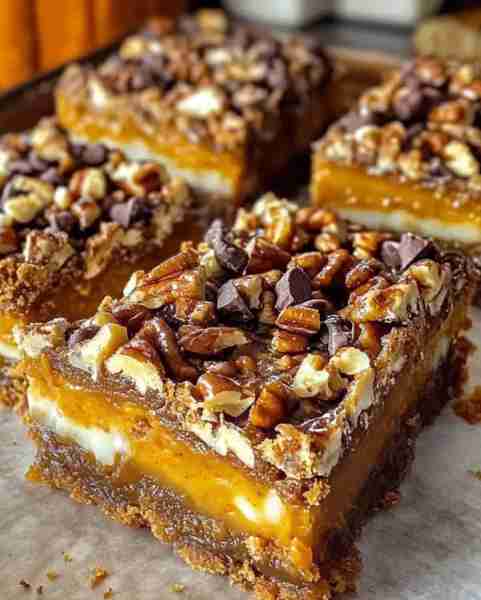 Pumpkin Cheesecake Heaven Bars Ingredients For the Crust: 1/2 cup unsalted butter 1/3 cup light brow...