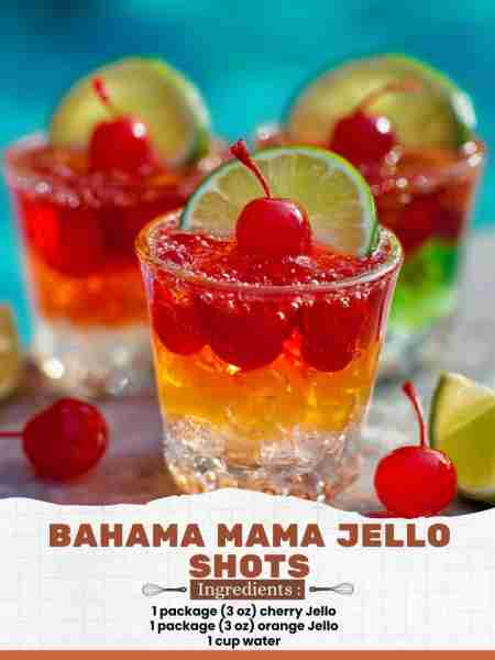 Bahama Mama Jello Shots Ingredients: 1 package (3 oz) cherry Jello 1 package (3 oz) orange Jello 1 c...