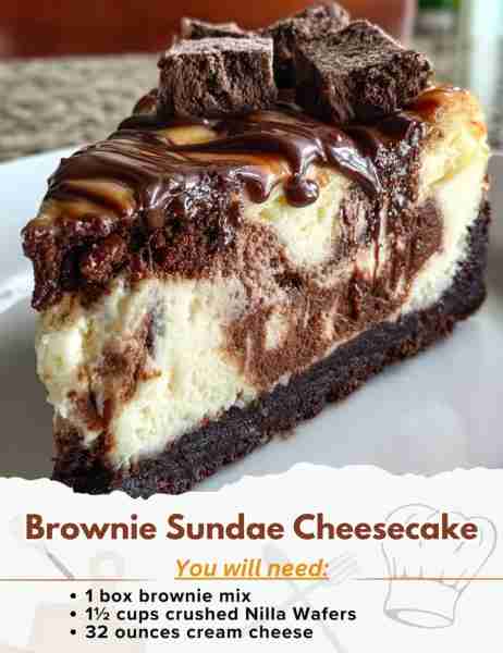Brownie Sundae Cheesecake Ingredients: - Brownie Chunks: - 1 box brownie mix (plus ingredients call...
