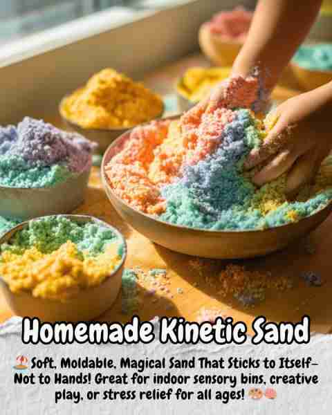 Homemade Kinetic Sand 🛒 Ingredients (Makes \~2 cups): - 2 cups fine sand (play sand or craft sand;...