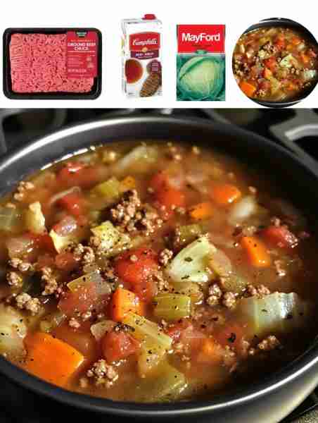 Cabbage Soup with Ground Beef Ingredients: - 1 pound ground beef - 1 onion, chopped - 3 cloves garli...