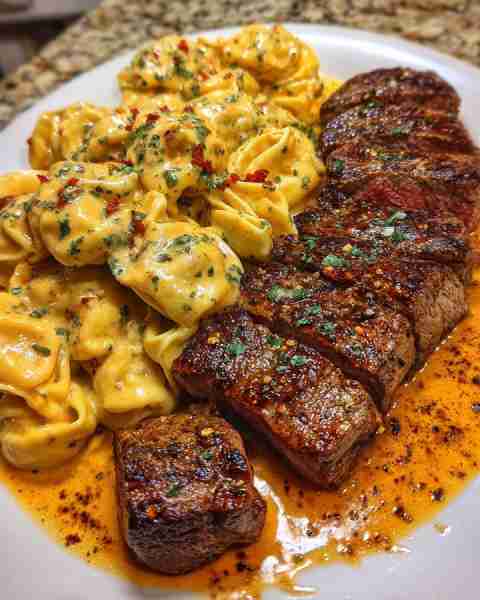 Garlic Butter Steak Tips with Cheddar Cream Tortellini Ingredients: 1 ½ lbs sirloin or ribeye, cut i...