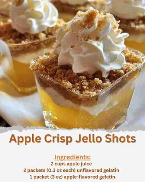 Apple Crisp Jello Shots Ingredients: - 2 cups apple juice - 2 packets (0.3 oz each) unflavored gelat...