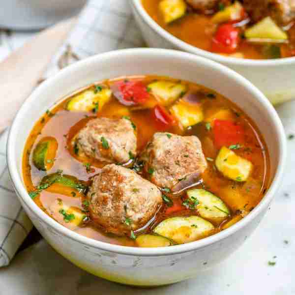 Hearty Meatball + Veggie Soup I make soup at least once a week; it’s quick, easy and my family loves...