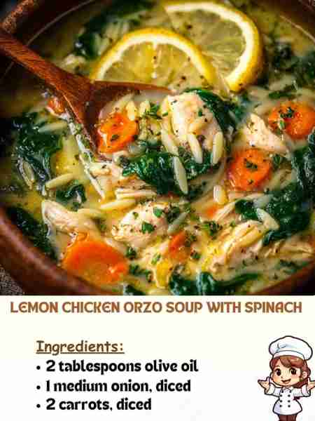 Lemon Chicken Orzo Soup with Spinach Ingredients 2 tablespoons olive oil 1 medium onion, diced 2 car...