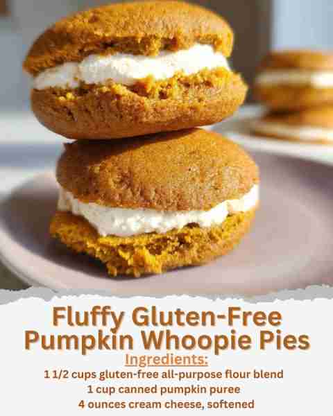 Fluffy Gluten-Free Pumpkin Whoopie Pies Ingredients: - 1 1/2 cups gluten-free all-purpose flour blen...