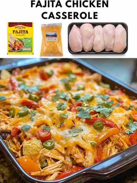 FAJITA CHICKEN CASSEROLE Ingredients: - 2 lbs chicken breast, cooked and shredded - 1 green bell pep...