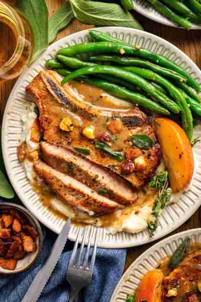 🍎AUTUMN DINNER:🍎Apple Cider Pork Chops with Apples, Bacon, Dijon White Wine Sauce, Mashed Potatoes...