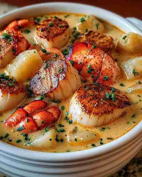 Creamy Lobster Scallop Chowder Ingredients: 2 tbsp butter 1 tbsp olive oil 1 onion, finely chopped 2...