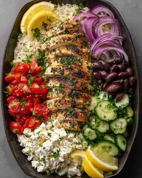 🥗 Mediterranean Chicken Rice Bowl with Feta & Olives 🍋🍅 Prep Time: 15 minutes Cook Time: 25 minut...