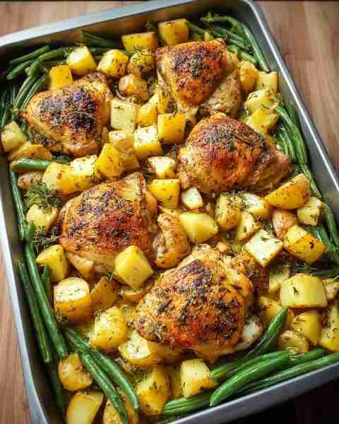 🍗 One-Pan Roasted Chicken Thighs with Potatoes & Green Beans 🥔🌿 Prep Time: 15 minutes Cook Time:...