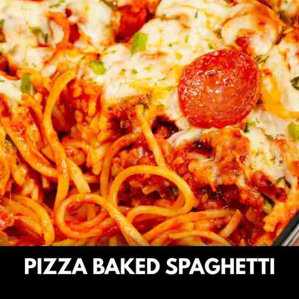 Pizza Baked Spaghetti is a hearty spaghetti recipe loaded with Italian sausage, pepperoni, green bel...