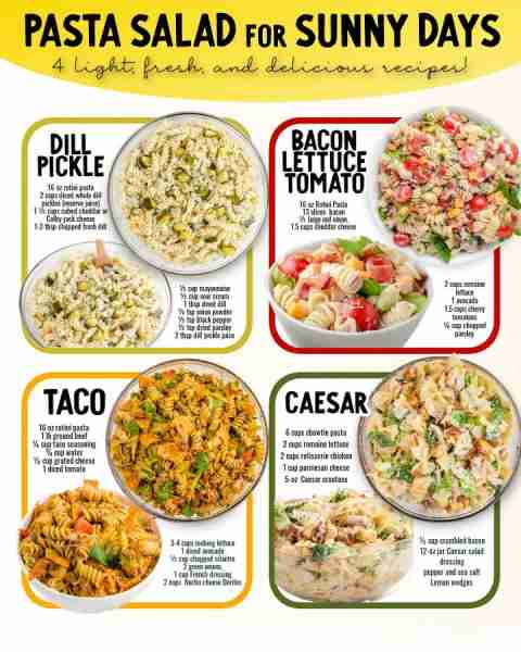 Pasta Salad for sunny days! These four light, fresh and delicious recipes 🥗 ~~ INGREDIENTS 1. Dill...