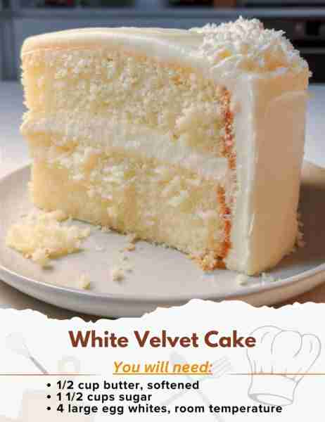 White Velvet Cake Ingredients: CAKE: - 1/2 cup butter, softened - 1 1/2 cups sugar - 4 large egg whi...
