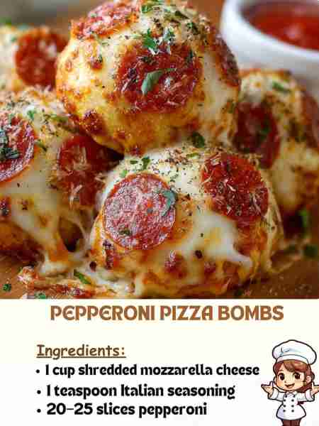 Pepperoni Pizza Bombs Ingredients 1 cup shredded mozzarella cheese 1 teaspoon Italian seasoning 20–2...