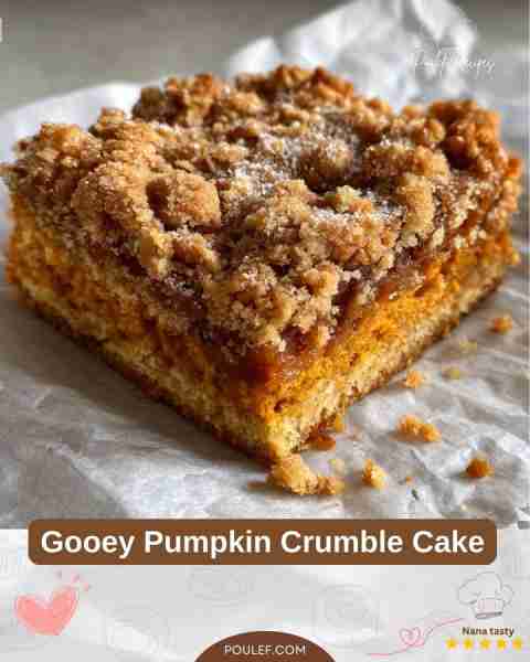 Gooey Pumpkin Crumble Cake Ingredients: For the Cake Base: - 1 box yellow cake mix - 1 egg - 1/2 cup...