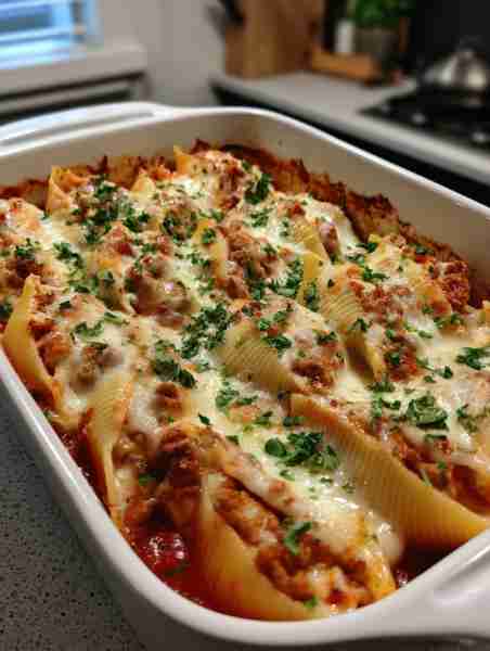 Creamy Ricotta Beef Stuffed Shells Pasta Ingredients: 20 large pasta shells 1 lb lean ground beef 1...