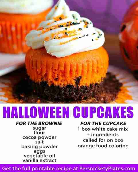 Brownie Bottom Cupcakes 🧡🖤 --> https://www.persnicketyplates.com/brownie-bottom-halloween-cupcakes/
