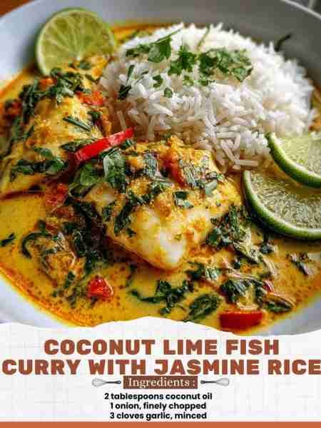 Coconut Lime Fish Curry with Jasmine Rice Ingredients: 2 tablespoons coconut oil 1 onion, finely cho...