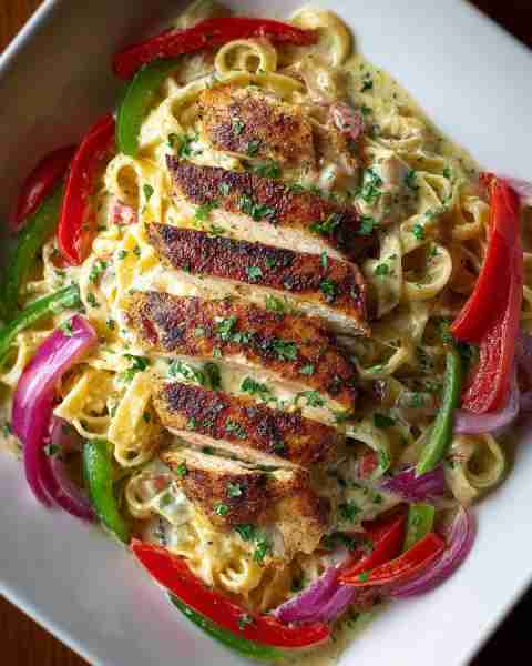 🌶️ Creamy Cajun Chicken Fettuccine with Peppers & Onions 🍝🍗 Prep Time: 15 minutes Cook Time: 25 mi...