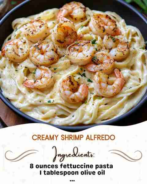Creamy Shrimp Alfredo Ingredients: 8 ounces fettuccine pasta 1 tablespoon olive oil 1 pound large...