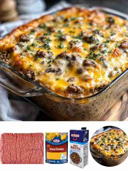 Homestyle Beef and Mushroom Gravy Bake Ingredients: - 1 lb ground beef - 1 onion, diced - 2 cloves g...