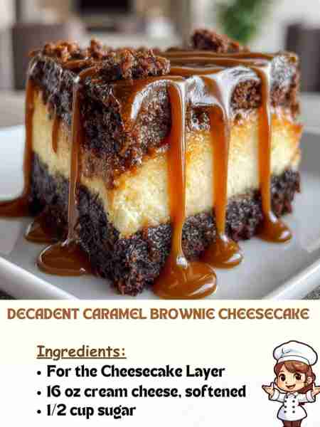 Decadent Caramel Brownie Cheesecake Ingredients For the Cheesecake Layer 16 oz cream cheese, softene...