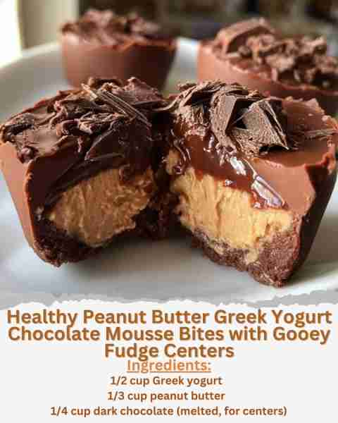 Healthy Peanut Butter Greek Yogurt Chocolate Mousse Bites with Gooey Fudge Centers Ingredients: - 1/...