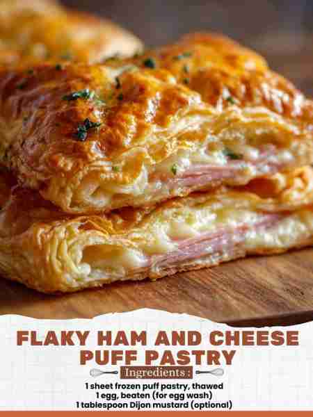 Flaky Ham and Cheese Puff Pastry Ingredients: 1 sheet frozen puff pastry, thawed 1 egg, beaten (for...