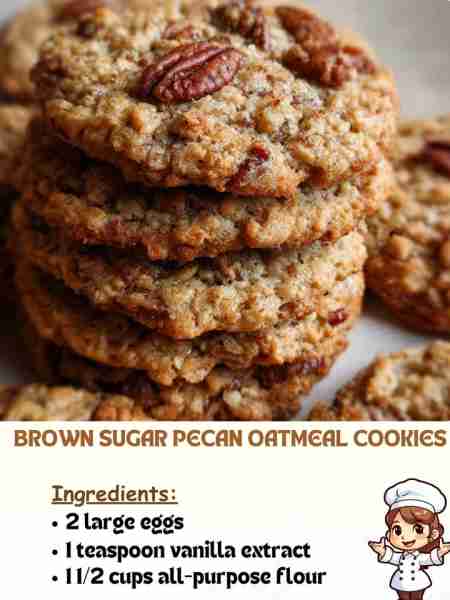 Brown Sugar Pecan Oatmeal Cookies Ingredients 2 large eggs 1 teaspoon vanilla extract 1 ½ cups all-p...
